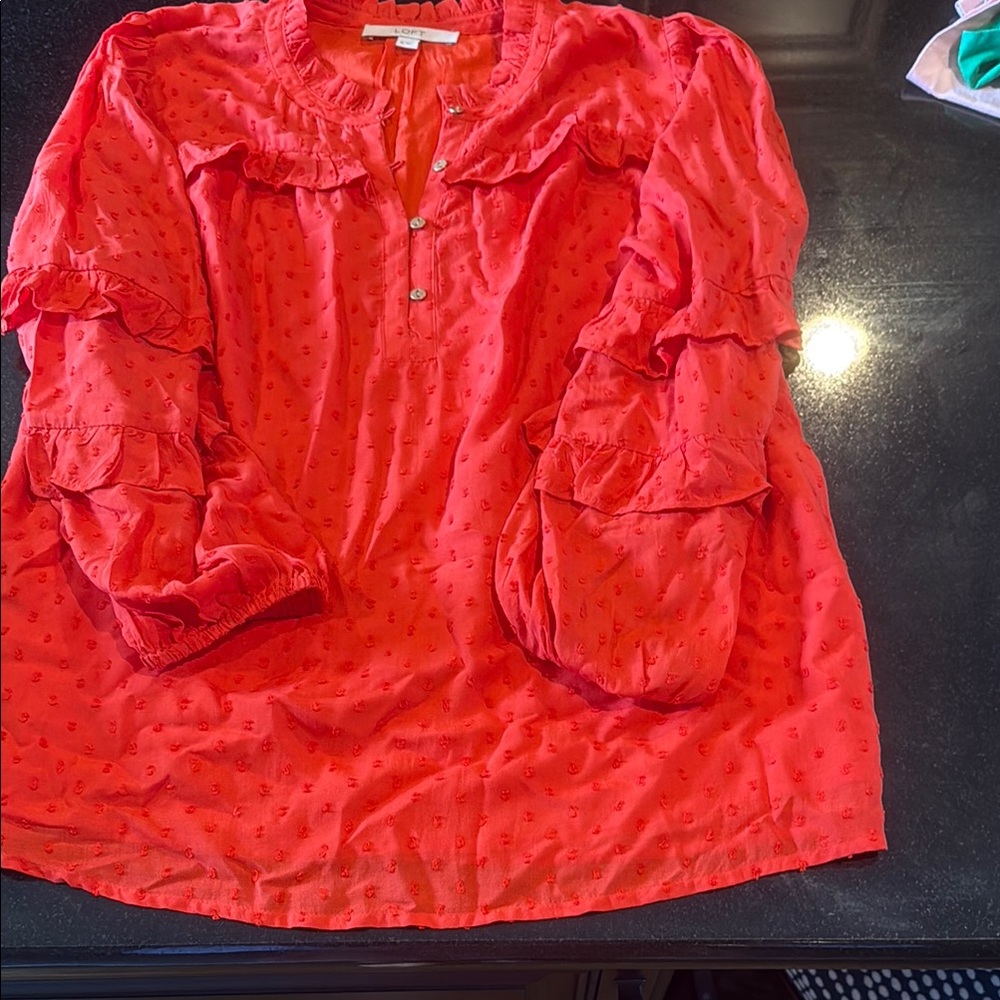 LOFT Red Ruffled Long Sleeve Blouse